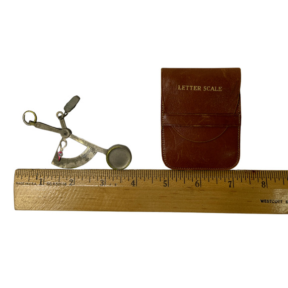 Vintage 1950s 60s Postal Scale Handheld Hanging w/ Leather Case Brass Balance - Picture 12 of 12